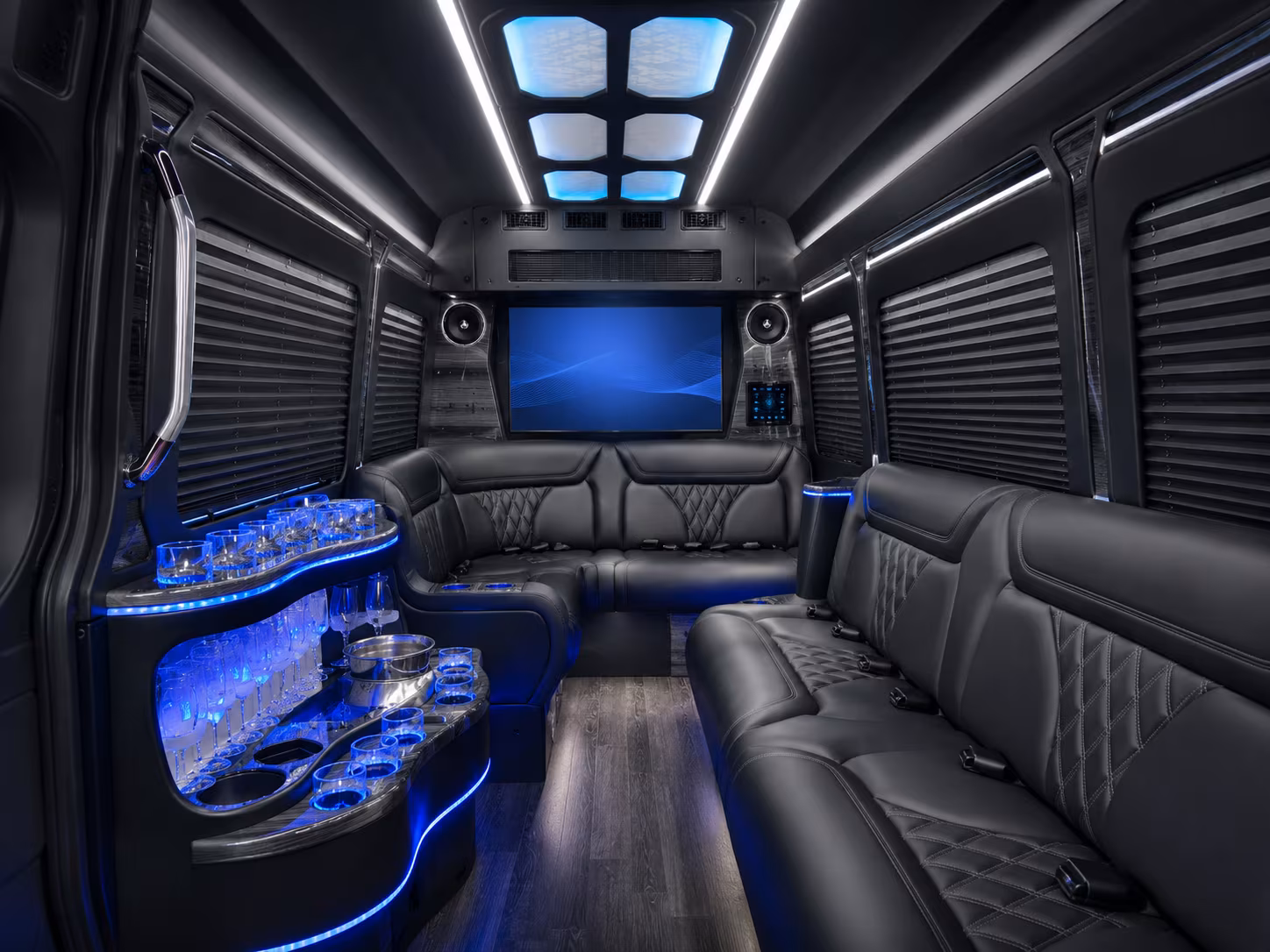 orange 28 passenger party bus interior